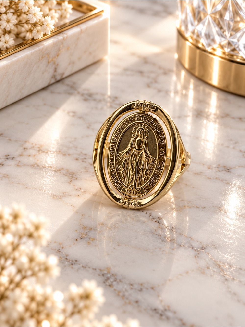 Gold Filled Oval Virgin Mary Medallion Adjustable Ring - Women Jewelry